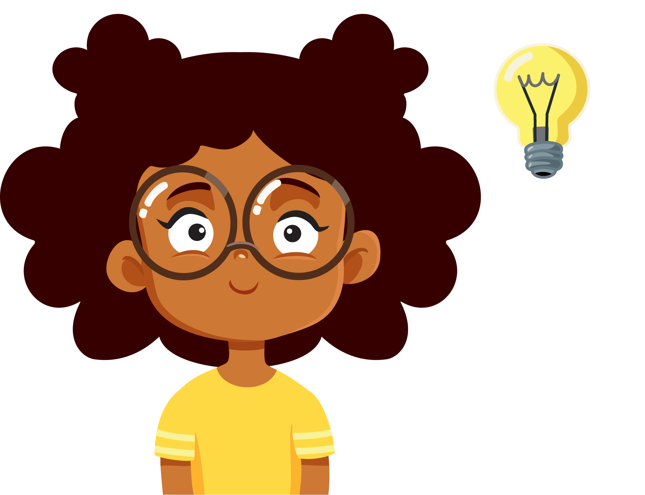 A cartoon illustration of a girl with a light bulb above her head.